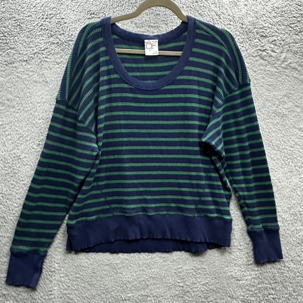 OFFLINE by Aerie Small Waffle Knit Thermal Top Navy Green Striped Long Sleeve